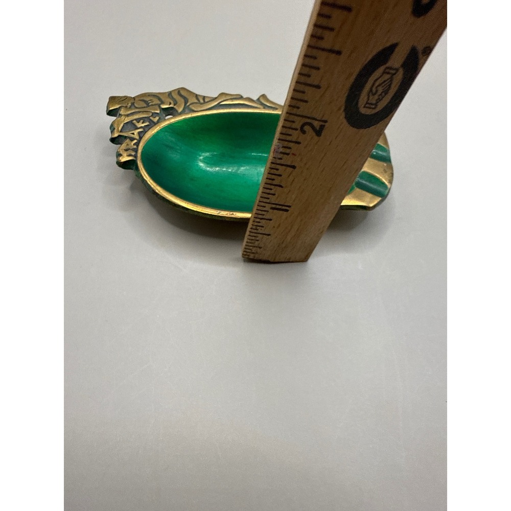 Vintage Israel Brass and Green Enamel Trinket Dish Ashtray Ornate Relief 4in - Picture 7 of 8